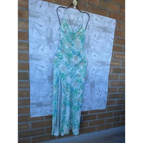 RESA River Dress Blue green Floral Maxi Long Open Back Straps satin size large - Picture 3 of 12